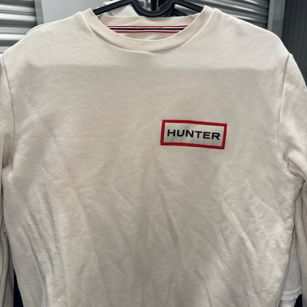 Women Cream Logo Sweatshirt by Hunter Boots red strips on sleeve - small